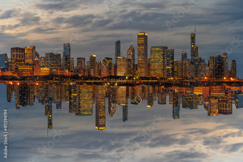 Panorama of Chicago Cityscape river side along Lake Michigan at beautiful twilight time, United States,building and real estate,Business Architecture and building,travel and tourist concept,reflection