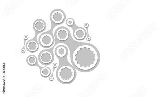 Elements similar to gears on a light background. Gears as a symbol of something mechanical. Texture with many gears. Light coloured pattern on theme of mechanics. Background on topic of mechanics.