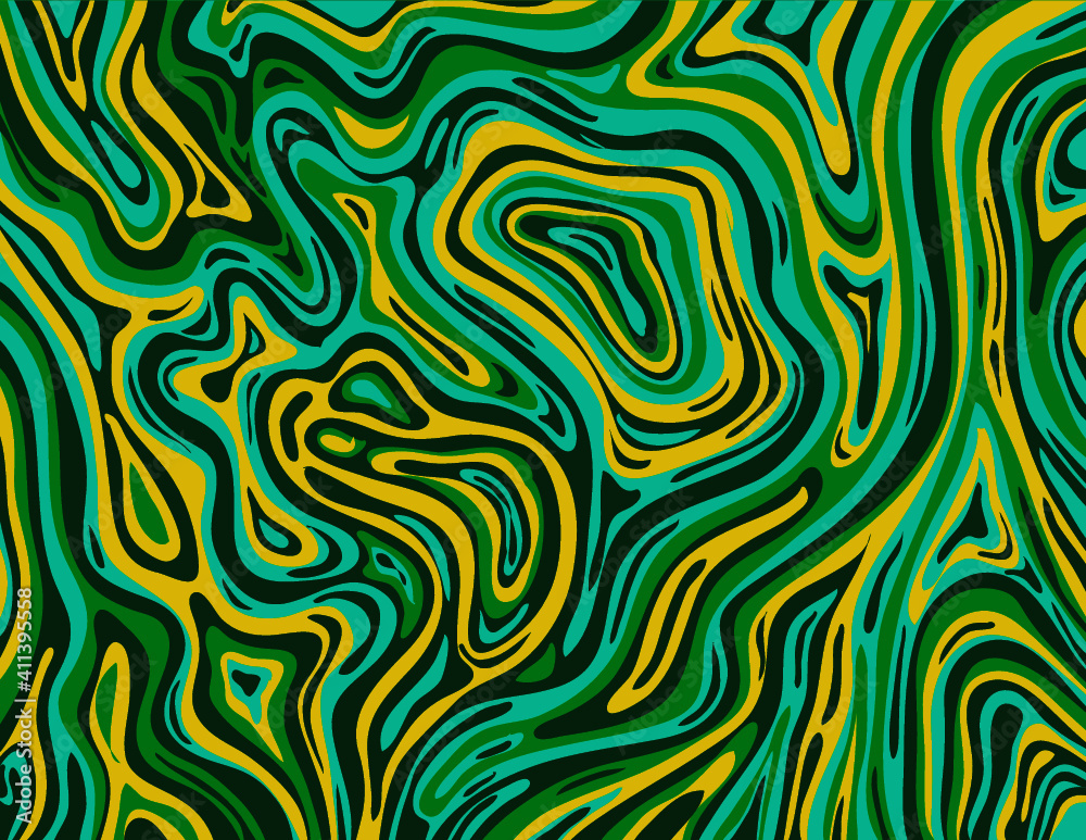 Digital marbling or inkscape illustration of an abstract swirling psychedelic, liquid marble and simulated marbling the Suminagashi Kintsugi marbled effect style shown in color.
