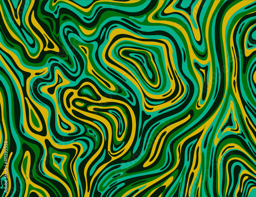Digital marbling or inkscape illustration of an abstract swirling psychedelic, liquid marble and simulated marbling the Suminagashi Kintsugi marbled effect style shown in color. 