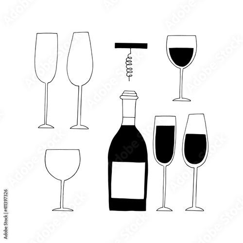 bottle, glasses with wine and empty and corkscrew set icon, sticker. sketch hand drawn doodle style. minimalism, monochrome. drinks, bar.