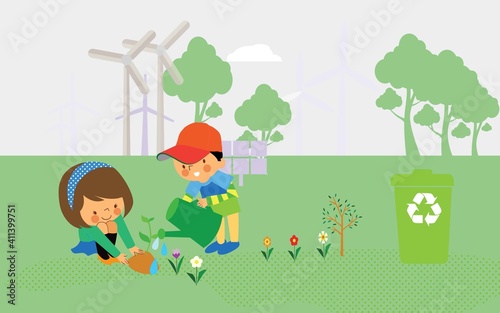 Flat line design  banner of environment, renewable energy, green technology, biosphere conservation.