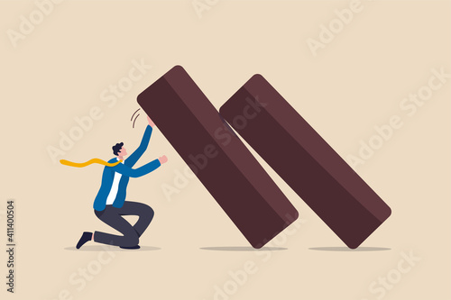 Business resilience, flexibility working to survive and stand back in economic crisis, endurance and adaptability in business to success concept, confident strong businessman push back falling dominos