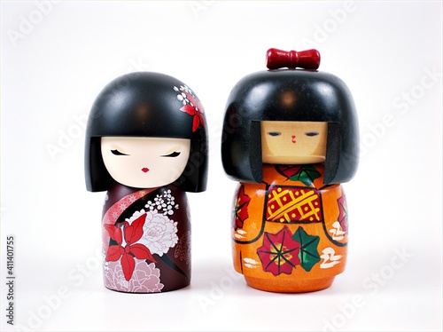 Japanese Kimmidoll Nobuko maxi kokeshi wooden doll isolated on white background	