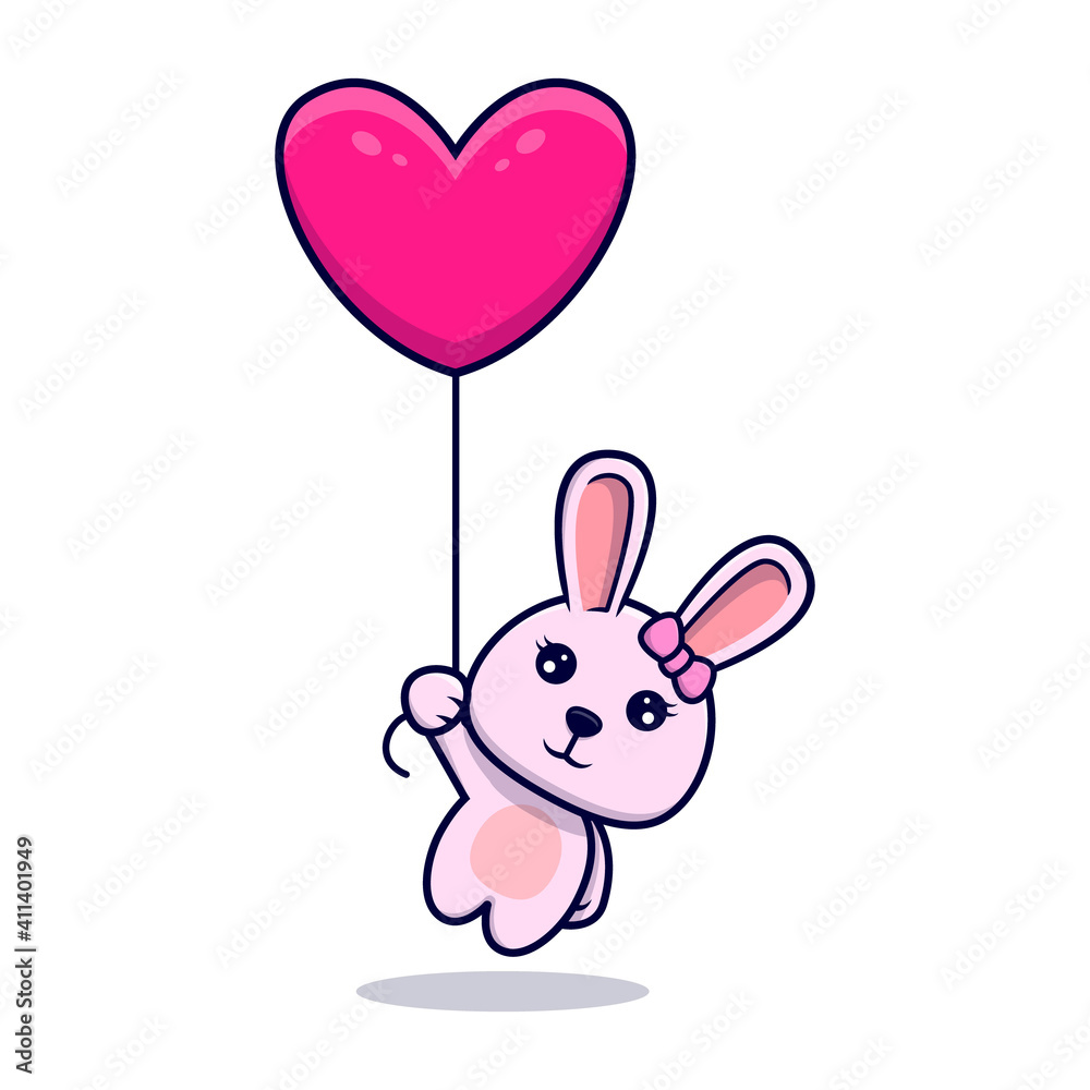 Cute bunny girl floating with heart ballon design icon illustration Cute bunny girl floating with heart ballon design icon illustration