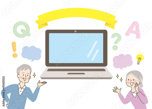 パソコンを学ぶシニア女性と男性