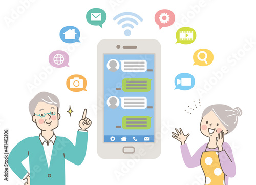 スマホを学ぶシニア女性と男性
