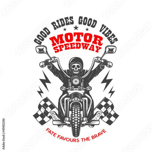 Motor speedway. Emblem template with skeleton on vintage motorcycle. Design element for logo, label, sign, emblem, poster. Vector illustration