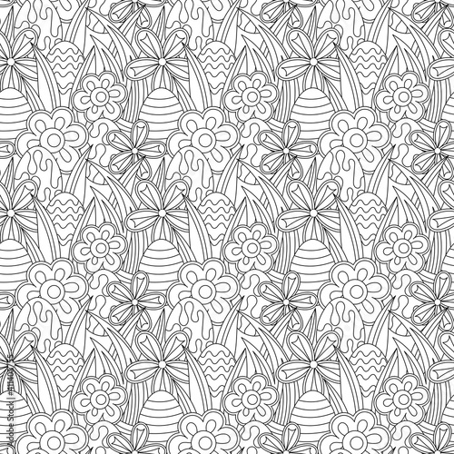 Easter theme seamless pattern. Cartoon hand-drawn doodles. Easter eggs and flowers vector background