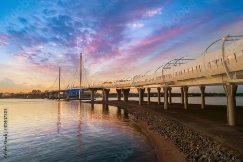 Wallpaper Mural Saint-Petersburg, Russia. Petersburg bridges. Cable-stayed bridge under a beautiful sky. Highways Of Petersburg. Cable-stayed bridge over the Neva river. Obukhov bridge. Western high-speed diameter. Torontodigital.ca