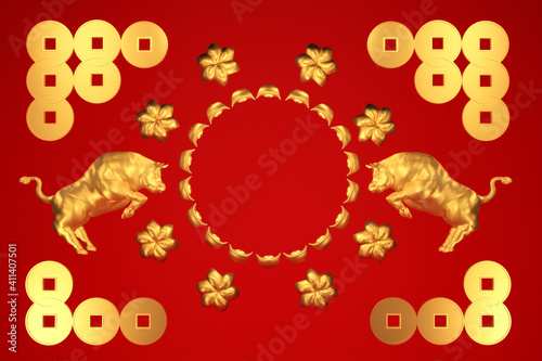 Golden bull and coin on red background, 3D rendering