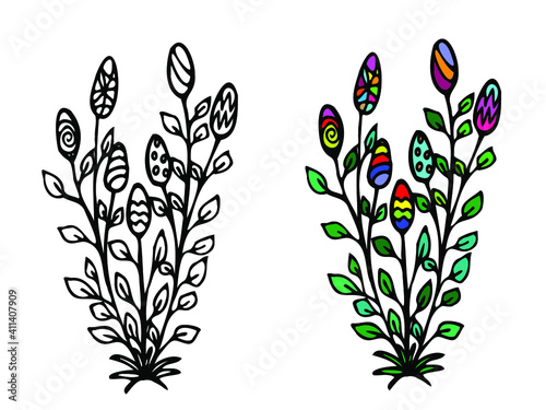 Flower with easter eggs for coloring  isolated on white