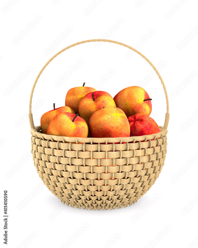 wooden wicker basket and apples on white background. Isolated 3D illustration wooden wicker basket and apples on white background. Isolated 3D illustration