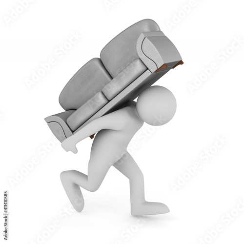 man carry gray sofa on whit...