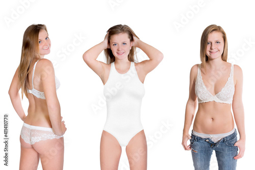 Blonde young woman with perfect figure wearing underwear and swimwear, isolated in front of white studio background