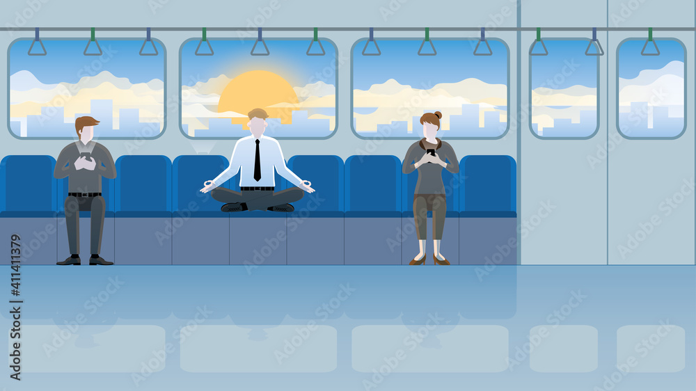 Obraz premium Peace of mind and attention from other passengers. Meditation businessman sitting cross-legged on seat in train public transportation. Relieve stress, mindfulness, knowing breath and relax after work.