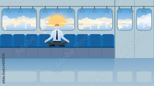 Peace of mind concept. Meditation businessman sitting cross-legged on a seat in train public transportation. Relieve stress, mindfulness, knowing breath and relaxing time after serious working hours.