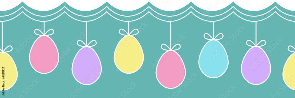 Horizontal seamless pattern with hanging Easter eggs. Easter garland, great for web banners, postcards, packaging designs. Vector illustration. - obrazy, fototapety, plakaty 