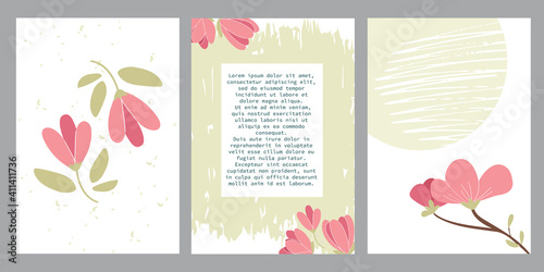 Vector set of three templates for greeting cards. The pink magnolia is hand-drawn. Cartoon Asian flower. Greeting cards for greetings, invitations, celebrations with text space.