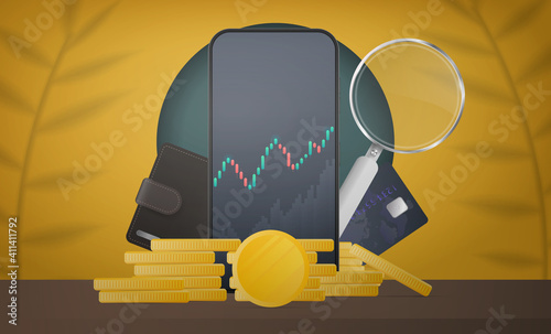 Financial shopping banner. Phone displaying stock market quotes, gold coins, bank card, coin and magnifying glass. Yellow studio background space with leaf shadows. Vector. Realistic style.