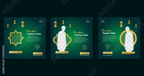 Set of Ramadan social media post template with Green background suitable for fashion sale, islamic event and more