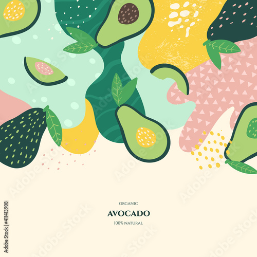 Vector frame with doodle avocado and abstract elements. Hand drawn illustrations.