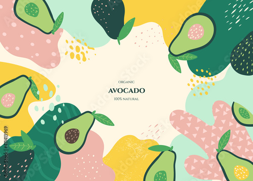 Vector frame with doodle avocado and abstract elements. Hand drawn illustrations.