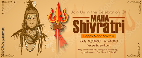 Greeting card for Hindu festival Maha Shivratri. Illustration of Lord Shiva,Indian God of Hindu for Shivratri with hindi text meaning om mahadev