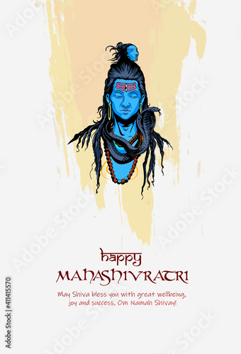 Greeting card for Hindu festival Maha Shivratri. Illustration of Lord Shiva,Indian God of Hindu for Shivratri with hindi text meaning om mahadev