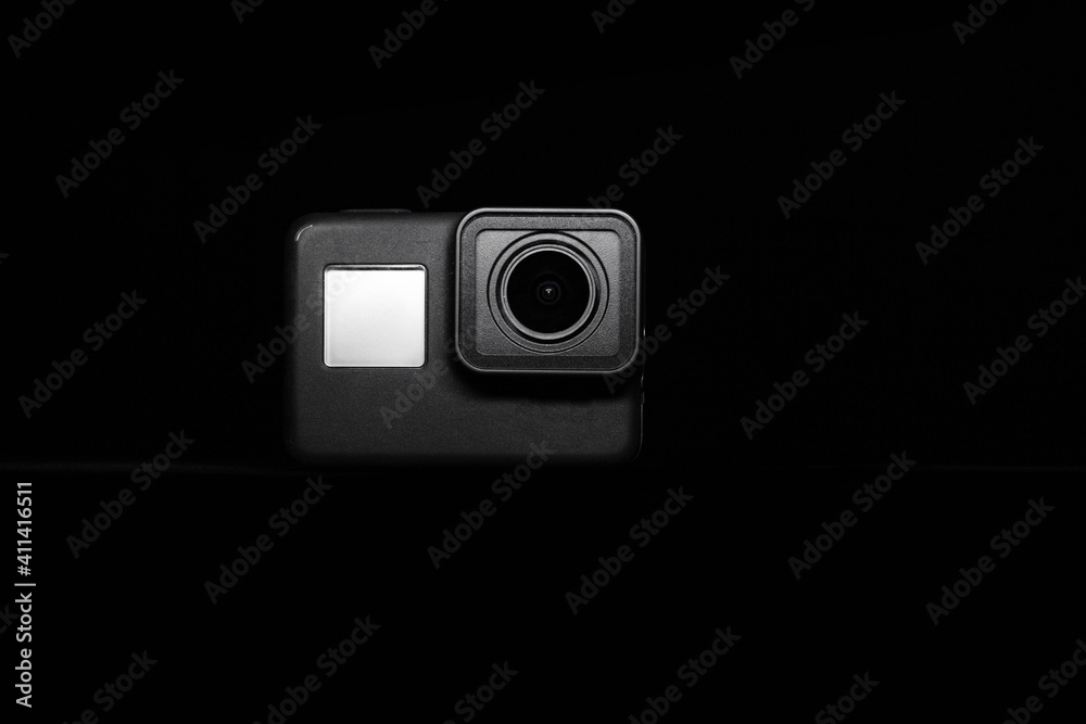 action camera on a dark background. Isolated object. Front view action camera on a dark background. Isolated object. Front view