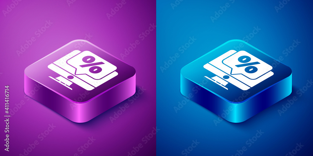 Isometric Percent discount and monitor icon isolated on blue and purple background. Sale percentage - price label, tag. Square button. Vector Illustration. Isometric Percent discount and monitor icon isolated on blue and purple background. Sale percentage - price label, tag. Square button. Vector Illustration.
