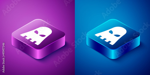 Isometric Executioner mask icon isolated on blue and purple background. Hangman, torturer, executor, tormentor, butcher, headsman icon. Square button. Vector.