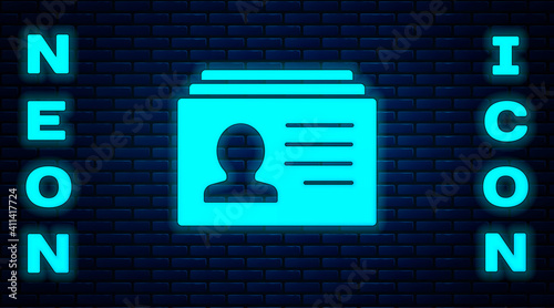 Glowing neon Resume icon isolated on brick wall background. CV application. Searching professional staff. Analyzing personnel resume. Vector.