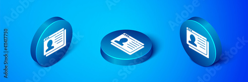 Isometric Resume icon isolated on blue background. CV application. Searching professional staff. Analyzing personnel resume. Blue circle button. Vector.