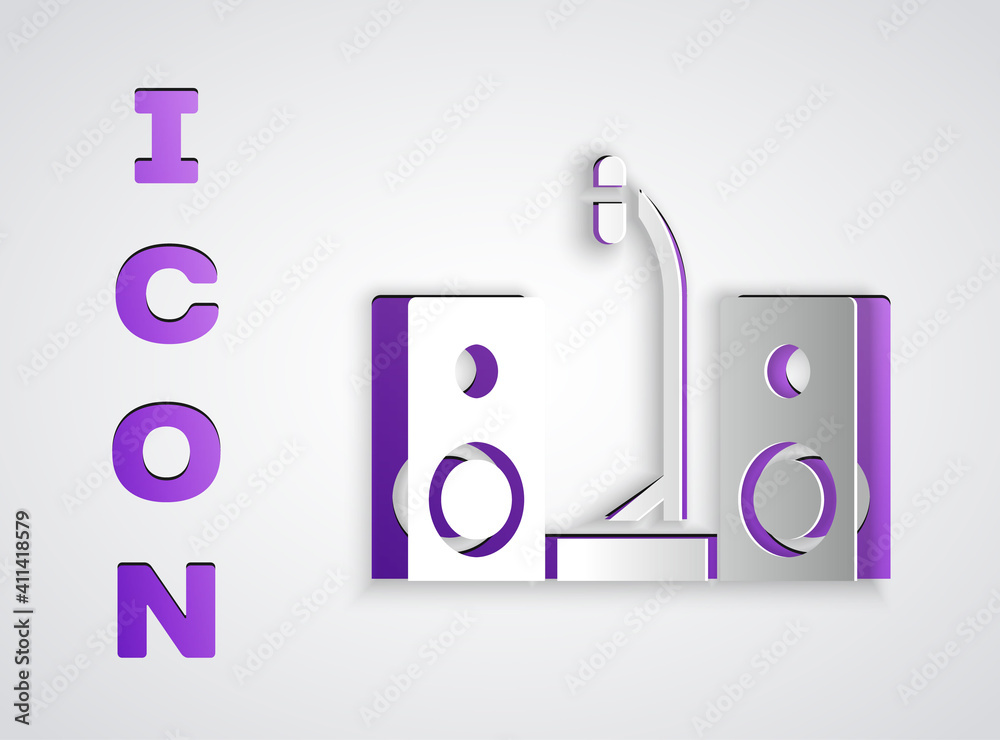 Paper cut Home stereo with two speaker s icon isolated on grey background. Music system. Paper art style. Vector. Paper cut Home stereo with two speaker s icon isolated on grey background. Music system. Paper art style. Vector.