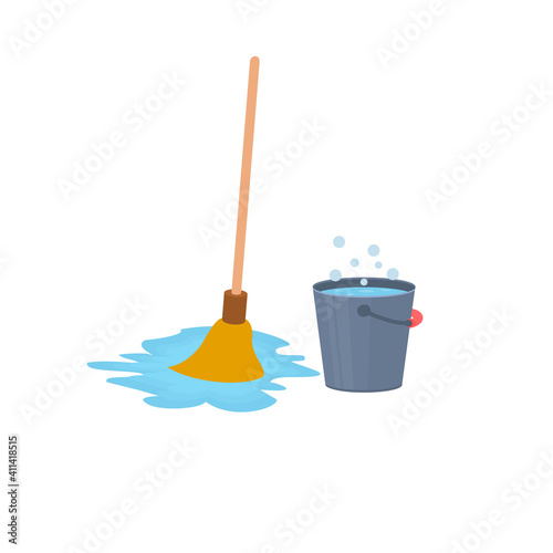 Cleaning. Washing bucket and mop, vector illustration