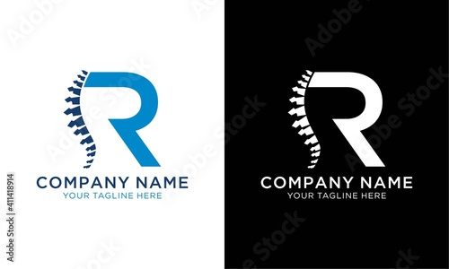 abstract letter r logo and backbone on a black and white background.