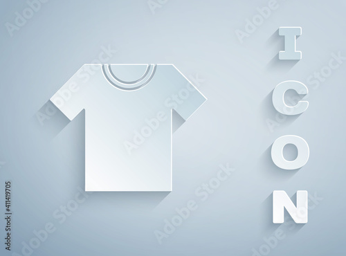 Paper cut T-shirt icon isolated on grey background. Paper art style. Vector.