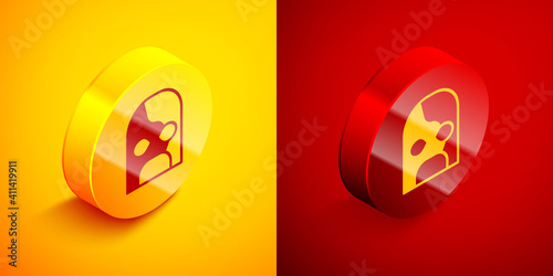 Isometric Mexican wrestler icon isolated on orange and red background. Circle button. Vector.