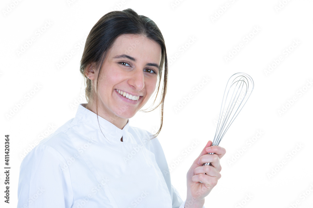 Portrait of female chef with pastry whip on white background Portrait of female chef with pastry whip on white background