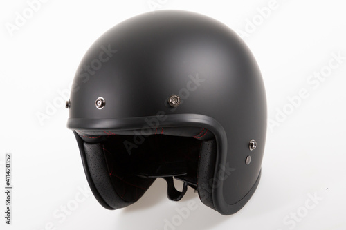 Open face old school motorcycle helmet black vintage for retro motorbike