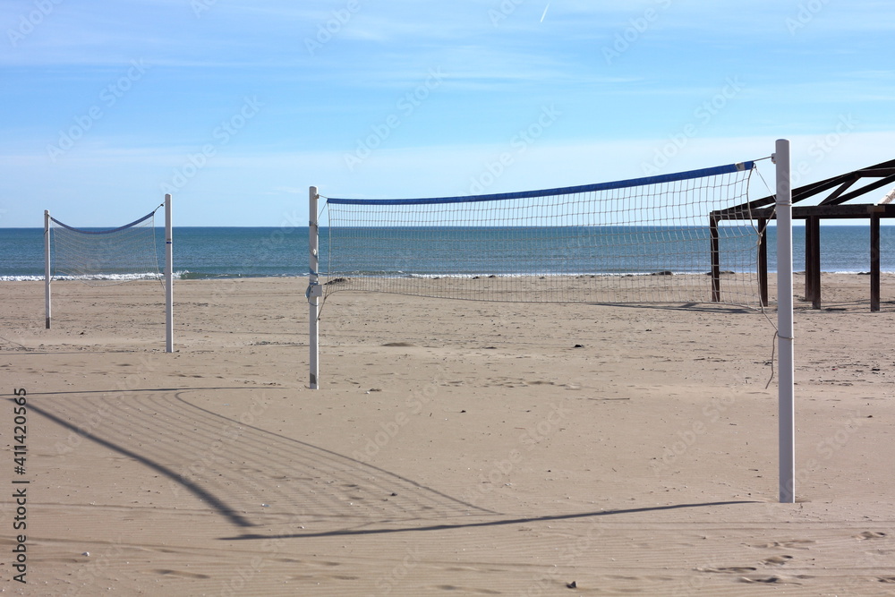 Beach volley court closed due coronavirus restriction during the third wave in Spain.