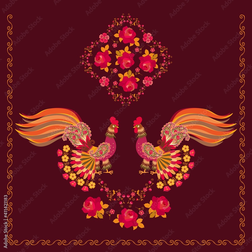 Half of tea towel with cute roosters in folk style and red roses on brownbackground. Half of tea towel with cute roosters in folk style and red roses on brownbackground.