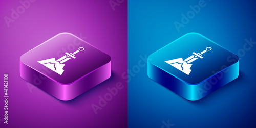 Isometric Sword in the stone icon isolated on blue and purple background. Excalibur the sword in the stone from the Arthurian legends. Square button. Vector.