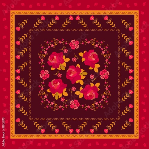 Beautiful doily, carpet or shawl with floral garlands, huge red roses and ornamental border on brown background.