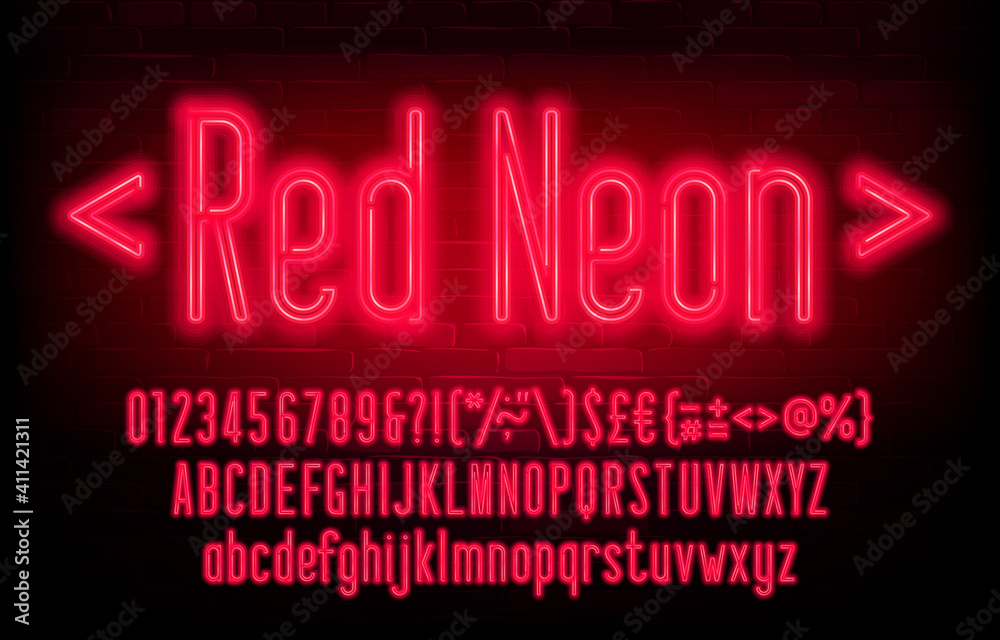 Red Neon alphabet font. Neon light condensed letters, numbers and symbols. Uppercase and lowercase. Stock vector typescript for your design.