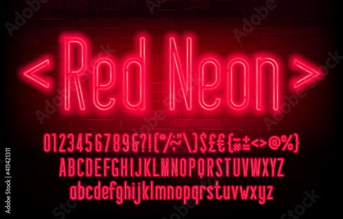 Red Neon alphabet font. Neon light condensed letters, numbers and symbols. Uppercase and lowercase. Stock vector typescript for your design.