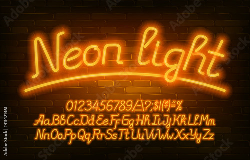 Neon Light alphabet font. Yellow neon color letters, numbers and symbols. Uppercase and lowercase. Stock vector typescript for your design.