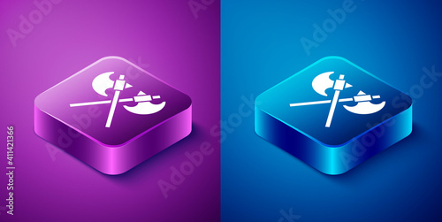 Isometric Crossed medieval axes icon isolated on blue and purple background. Battle axe, executioner axe. Medieval weapon. Square button. Vector.