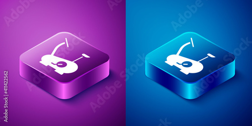 Isometric Stationary bicycle icon isolated on blue and purple background. Exercise bike. Square button. Vector.